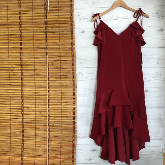 red ruffle midi dress